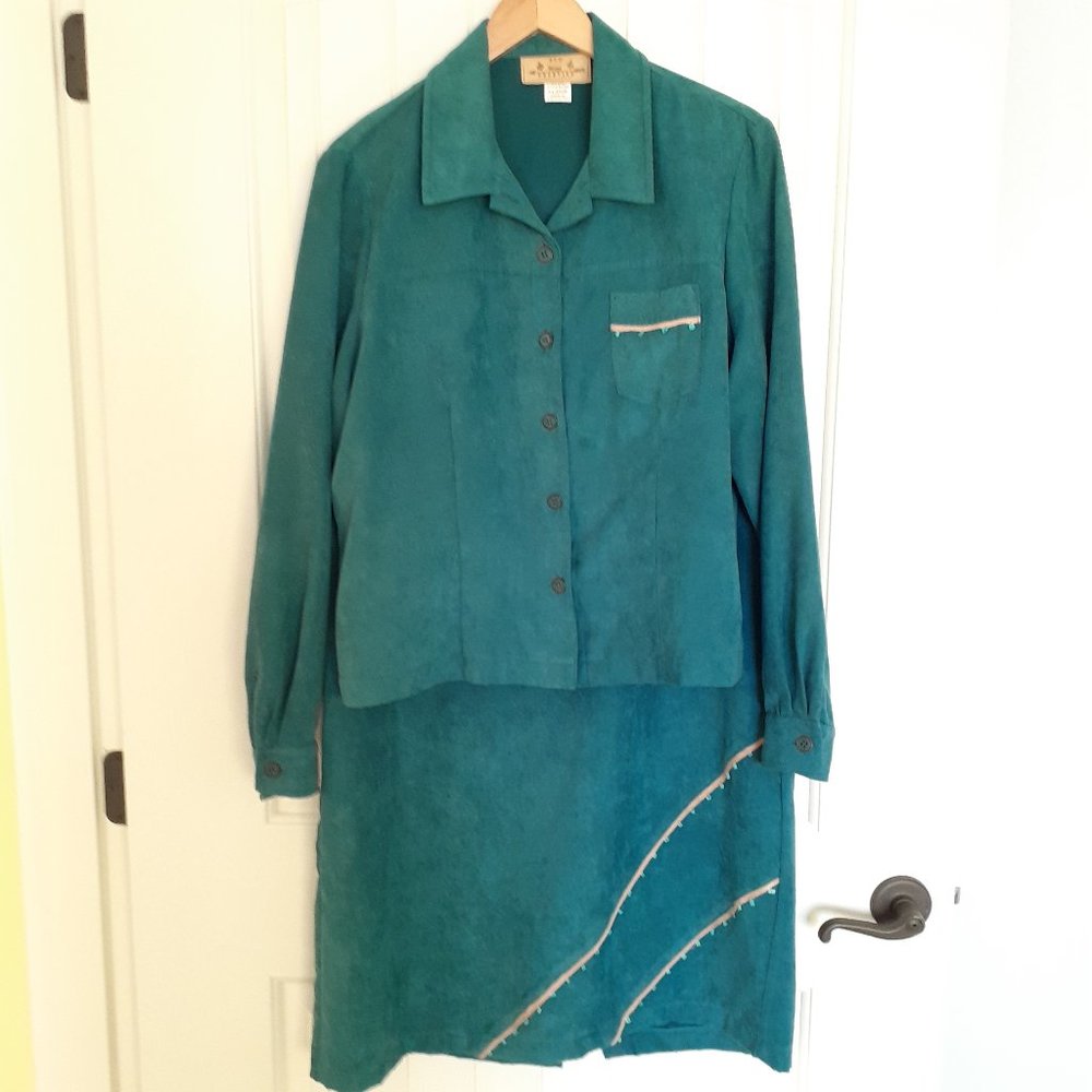 Vintage New Frontier Faux Suede Jacket and Midi Skirt Set Teal Size XL